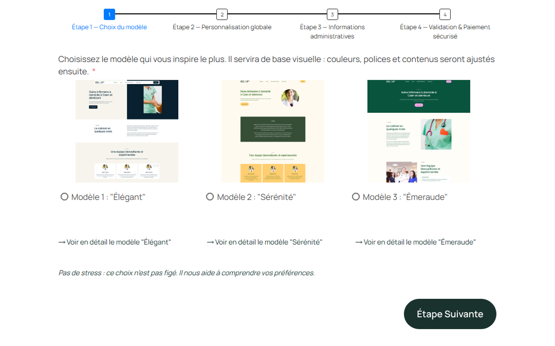 Capture d'écran du formulaire de création de site pour infirmiers libéraux