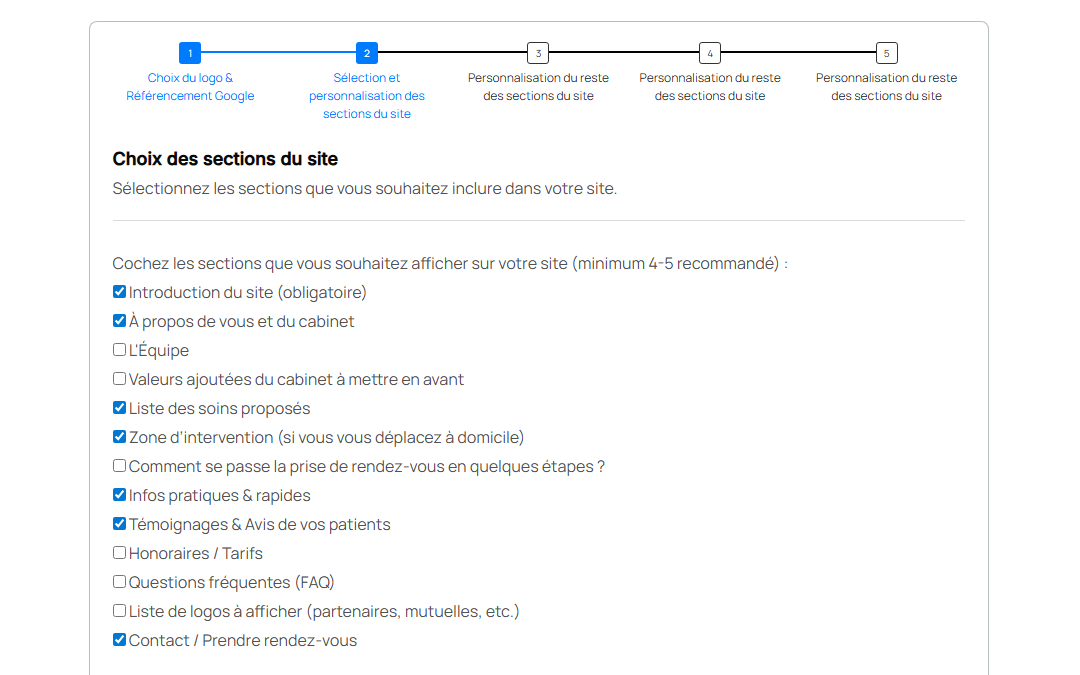 Capture d'écran du 2ème formulaire de création de site internet pour IDEL