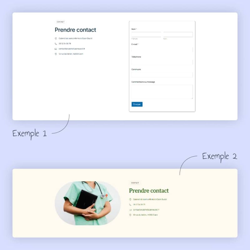 Exemples de section "contact" pour un site internet d'infirmière libérale